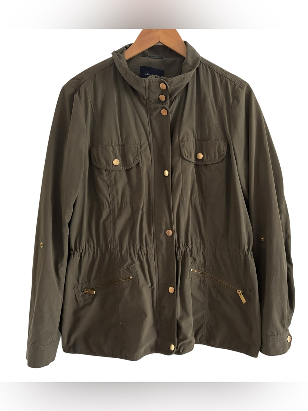Lands End 14/16 women olive green safari style light weight jacket. Good cond.